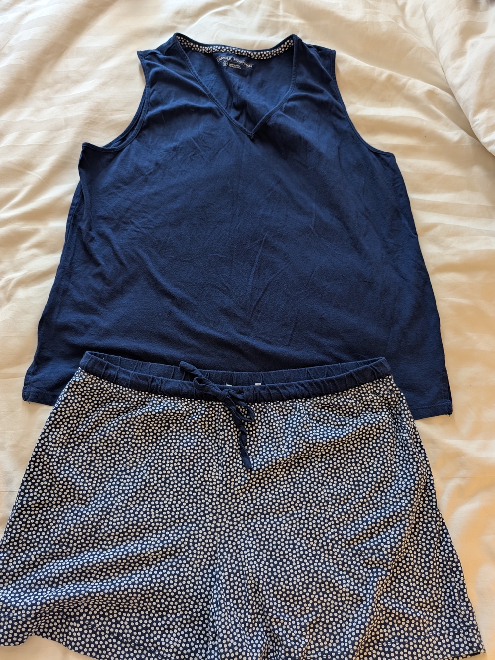 Sleeveless Navy V-Neck Pajama Set with Polka Dot Navy & White Shorts. Size Large